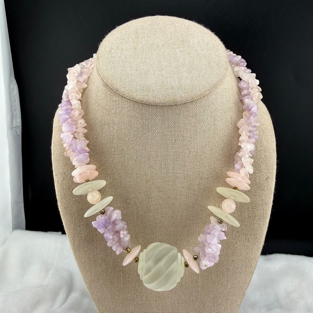 Vintage Estate Beaded Necklace Pink Purple White Stone Pastel 18” READ